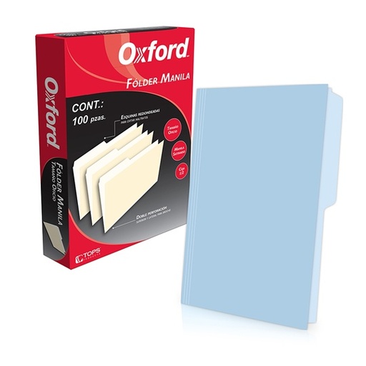 Folder Manila Oxford Oficio Color Azul Ceja 1/2 Caja con 100 PZAS