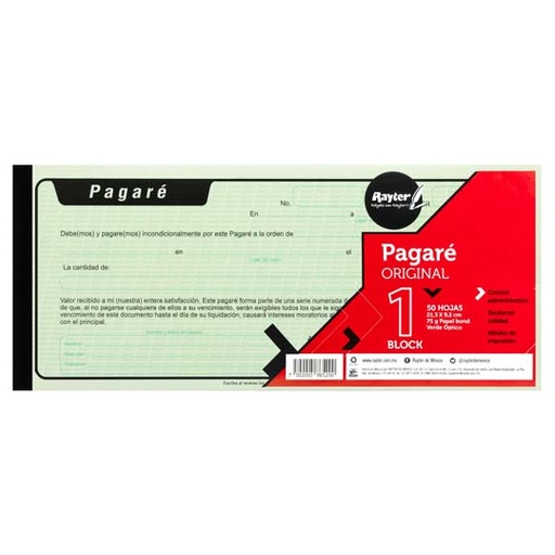 [RAY-POL-08PA] Pagare Rayter, 1/3 de carta, papel verde, block 50 hojas