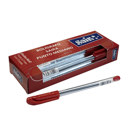 [SAJ-BOL-3ROSGE] Bolígrafo SAIRA semi gel punto mediano 0.7 mm color rojo caja con 12 piezas
