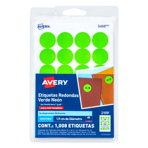 [AVE-ETI-2109] Etiqueta redonda removible verde neon AVERY con tecnología laser/inkjet