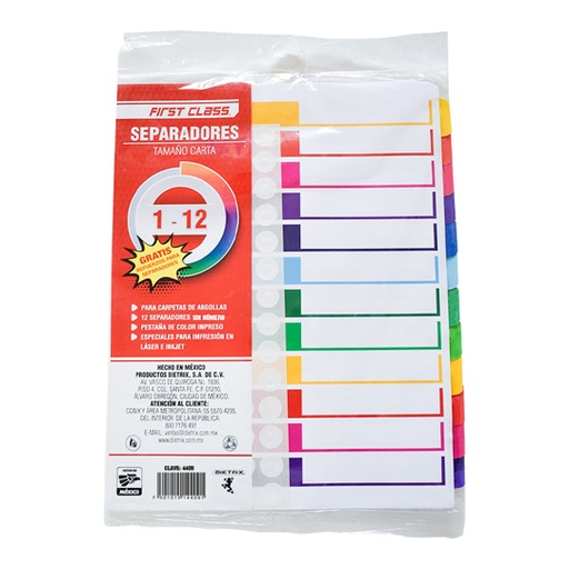 [DIE-SEP-4409] Separadores Dietrix tamaño carta del 1 al 12 pestañas de color
