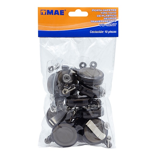 [MAE-YOY-10NT] Portagafetes tipo yoyo mae negro transparente bolsa con 10 piezas