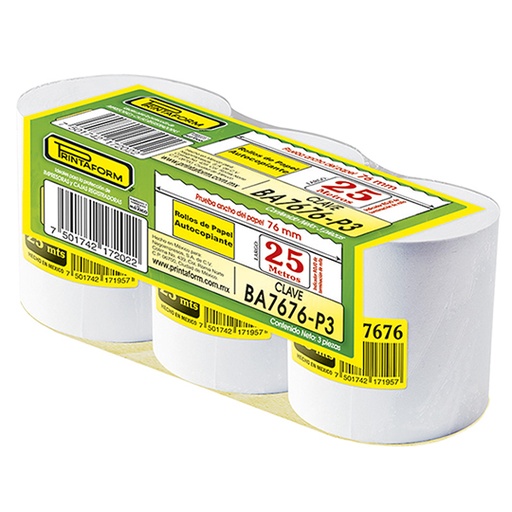 [PRIN-ROL-A7676] Rollo de papel autocopiante Printaform 76 mm x 25 m 1 auditoria paquete de 3 rol