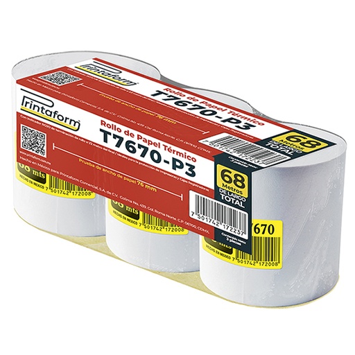[PRIN-ROL-T7670] Rollo de papel térmico Printaform 76 mm x 68 m paquete de 3 rollos.
