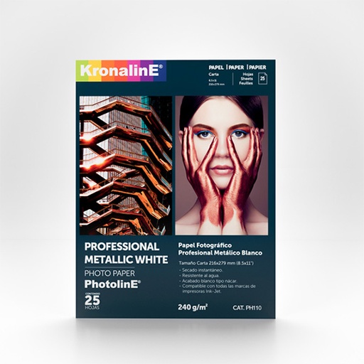 [KRO-PAP-H110] Papel fotografico Kronaline metallic white tamaño carta paquete con 25 hojas