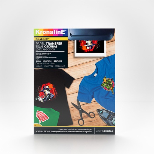 [KRO-PAP-R305] Papel transfer Kronaline para tela oscura tamaño carta paquete con 10 hojas