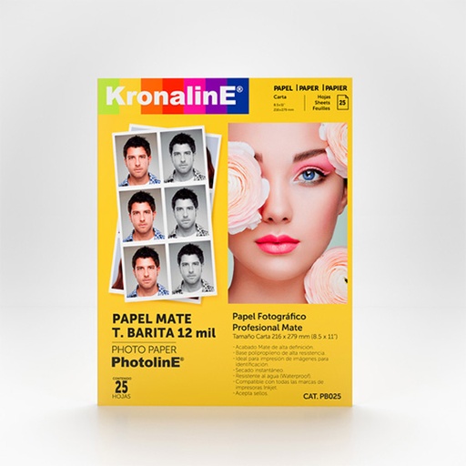 [KRO-PAP-B025] Papel fotografico Kronaline mate t.barita 12mil tamaño carta paquete 25 hojas