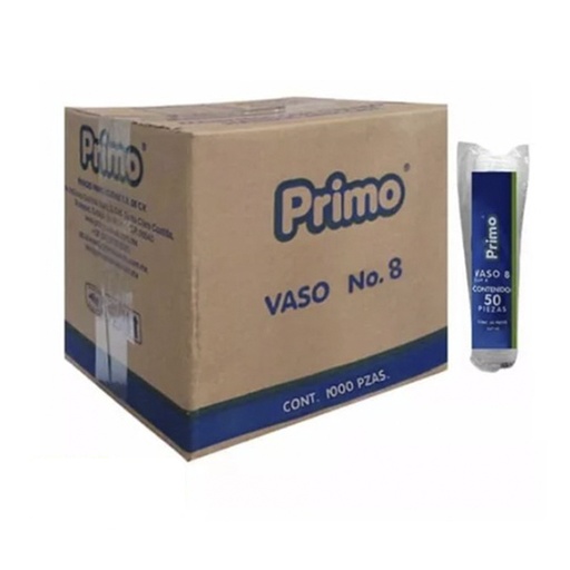 [PRIM-VASO-TRAN8] Vaso de plástico transparente Primo No. 8 caja con 20 paquetes de 50 pzas