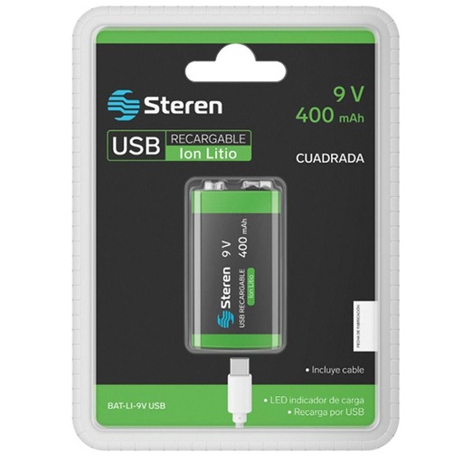 [STE-PIL-BATLI9V] Batería recargable STEREREN modelo USB Li-Ion 9V de 3600 mWh