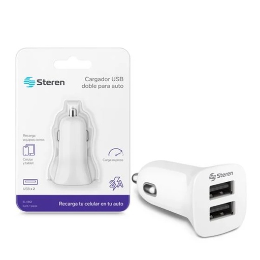 [STE-CAR-ELI862] Cargador usb para auto STEREN blanco 1 pza