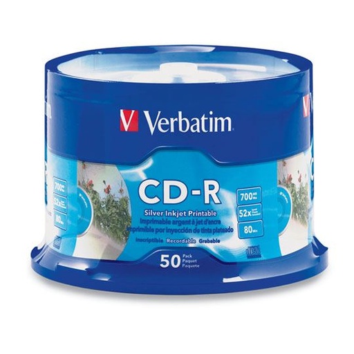 [VER-DIS-95005CD] Cd-r 80MIN/700MB 52X Verbatim inkjet silver 50PK (spndl w/tray)
