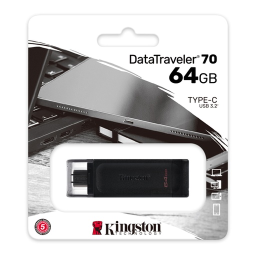 [ME-KIN-DT7064GB] MEMORIA USB KINGSTON DATATRAVELER 70, 64GB, USB-C 3.2, NEGRO