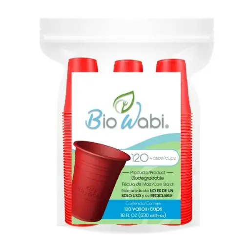 [981042168] Vasos Biodegradables BioWabi Rojos con 120 pzas de 530 ml