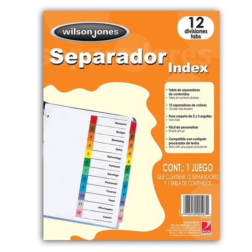 [P1348] Separador c/numeración 12 divisiones ACCO tamaño carta