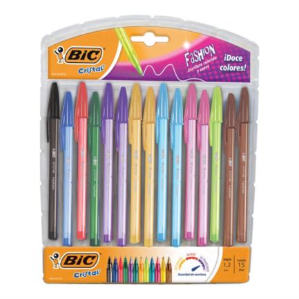 [943498] Bolígrafo BIC Cristal Fashion Punta 1.2mm Colores Surtidos C/15 Pzas