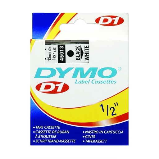 [45013] Cinta de plastico DYMO Labelmanager negro sobre blanco de 12mm x 2mmts pieza
