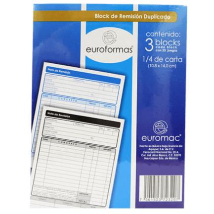 [ER0127] Block Euroformas Remisión Duplicado 1/4 Carta C/25 Juegos 3 Blocks