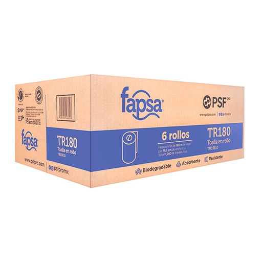[TR03690] Toalla Fapsa en rollo blanca de 180 m, caja c/ 6 bobinas