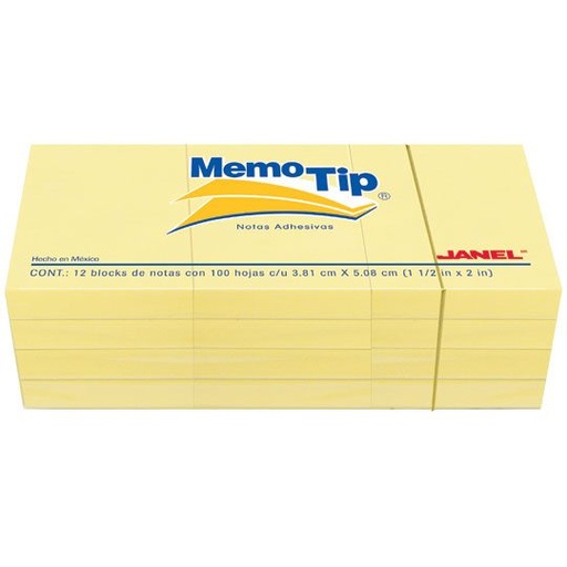 [6560102204] Notas adhesivas Memo Tip amarillo 1.5x2 pulg 12 blocks con 100 hojas cada uno