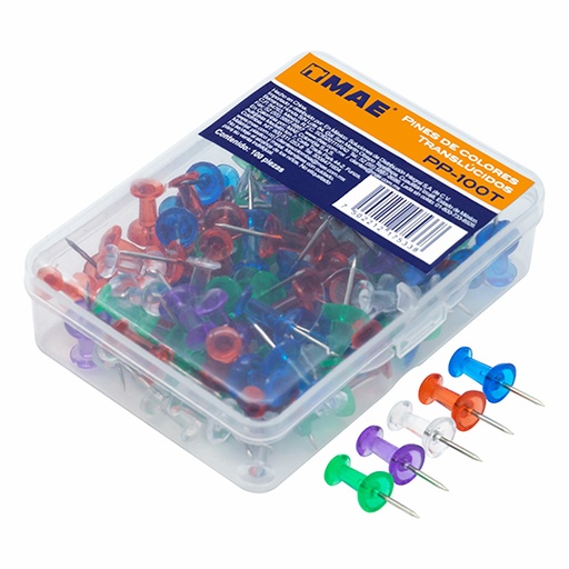 [ETPAPE0000940] Caja de Pines Mae Colores Traslucidos con 100 Piezas