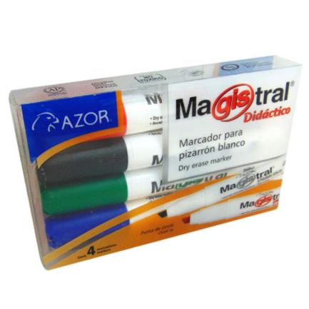 Marcador Magistral Didáctico Pizarrón Blanco Colores Surtidos C/4 PZAS