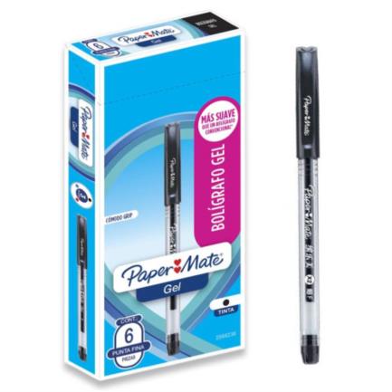 [2066236] Bolígrafo Gel Papermate Eco Barril Redondo Punto Fino Color Negro C/6 Pzas