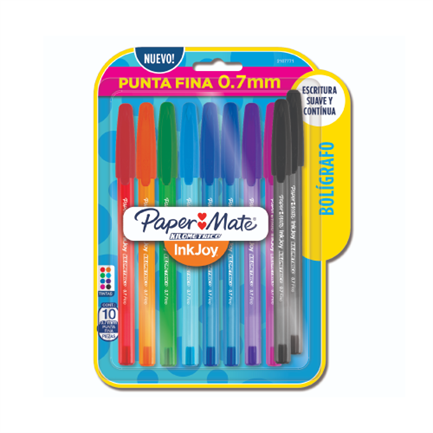 [2107771] Bolígrafo Papermate InkJoy Kilometrico Punta Fina 0.7mm Colores Surtidos Blister C/10 Pzas
