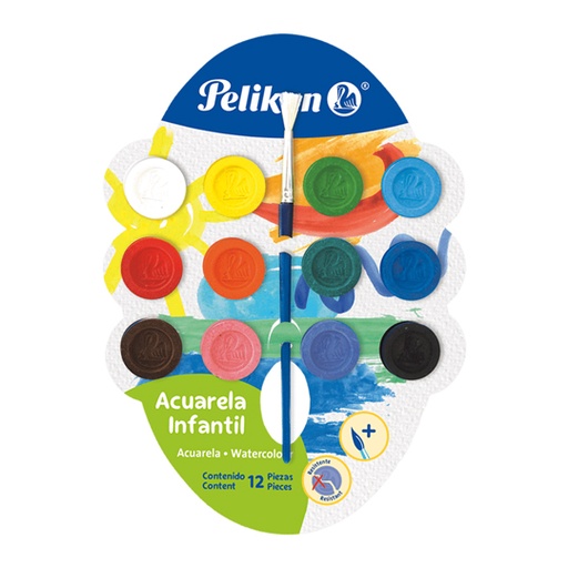 [7501215] ACUARELA PELIKAN INFANTIL COLORES SURTIDOS CON 12 PASTILLAS