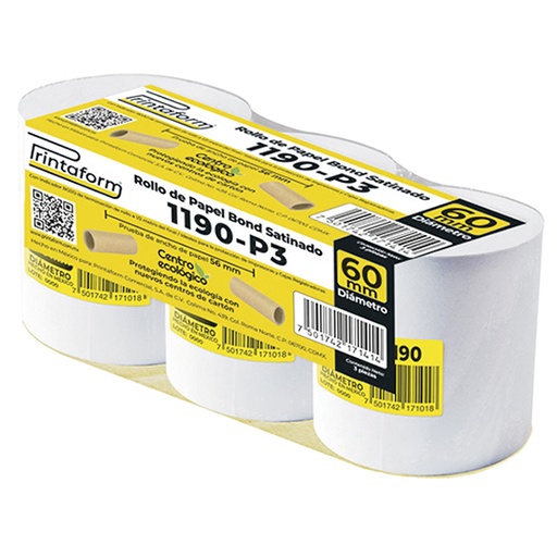 [PRIN-ROL-B1190] Rollo de papel Bond Printaform 57 mm x 60 m paquete de 3 rollos.