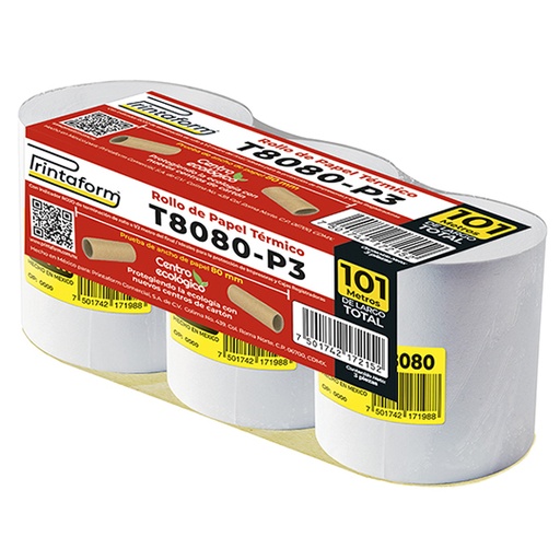 [T8080-P3] Rollo de papel térmico Printaform 80 mm x 101 m paquete de 3 rollos.