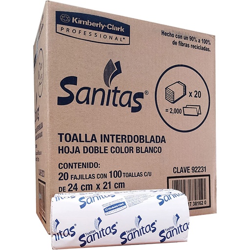 [92231] Toalla interdoblada Sanitas con 100 hjs,caja c/ 20 paq.