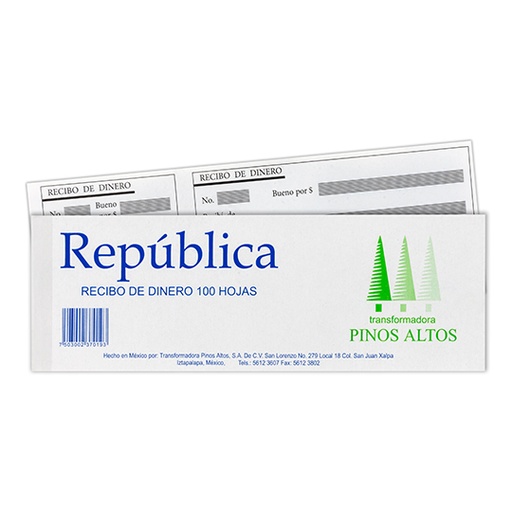 [ETPAPE0000480] Recibo de dinero Pinos Altos block con 100 hojas