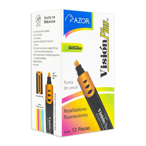 [2600NA] Resaltador de texto Vision Plus punta cincel 6 mm color naranja caja con 12 pzas