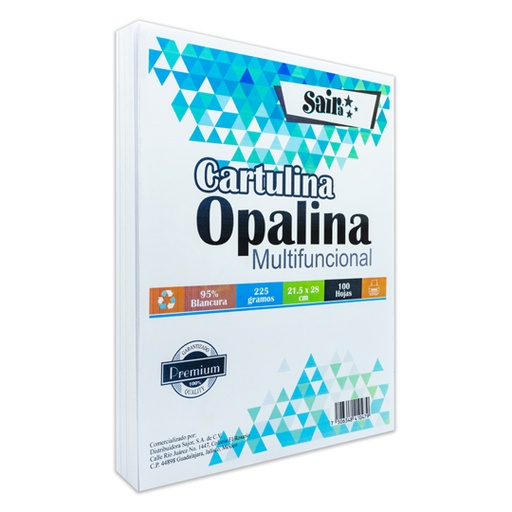 [ETPAPE0003331] Paquete de cartulina opalina blancura 95%225gr.Saira tamaño carta paquete 100 hs