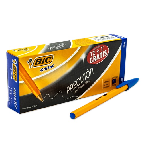 [928495] Bolígrafo BIC cristal azul punto fino 0.8 mm caja con 12 piezas