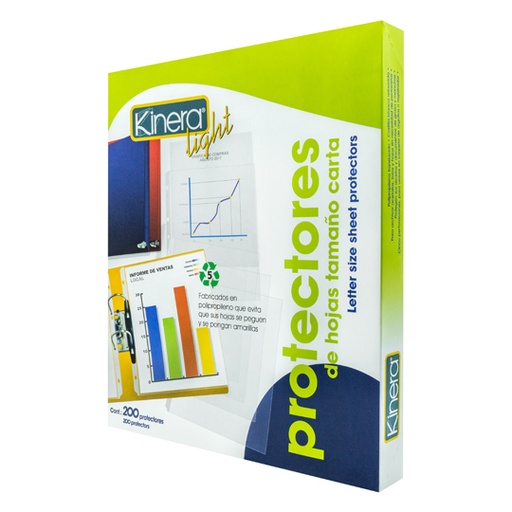 [370 MICA KINERA] Protector de hojas traslucidos Kinera Light 370 tamaño carta caja con 200 pzas