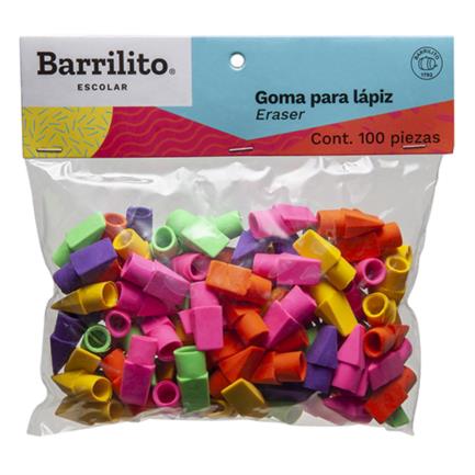 [GO100] Goma Barrilito para Lápiz Colores Surtidos Bolsa C/100 Pzas