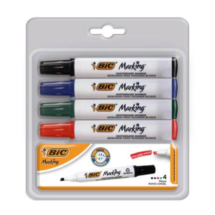 [514051] Marcador BIC para Pizarrón Blanco Punta Cincel Colores Surtidos C/4 + Borrador