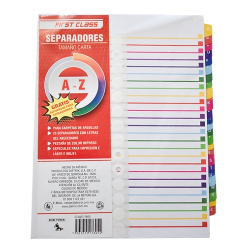 [DIE-SEP-7605] Separadores Dietrix tamaño carta de la aa la z pestañas de color